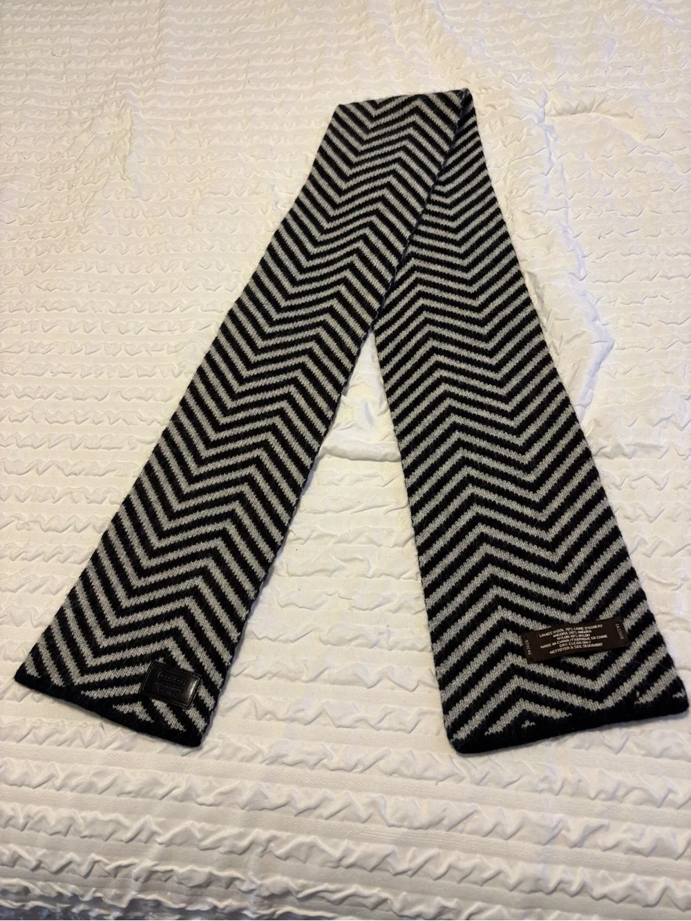 Coach Black & Gray Chevron Wool Scarf with Leather Coach Label